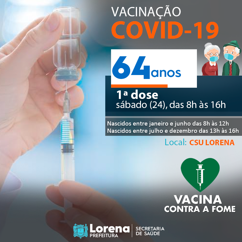 Começa hoje (24) a vacinação contra a COVID-19 para idosos de 64 anos em Lorena