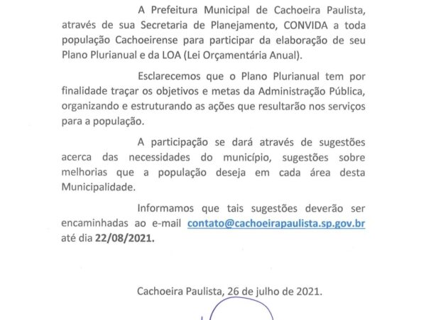 População de Cachoeira é convidada a participar da elaboração do Plano Plurianual e da Lei Orçamentária Anual