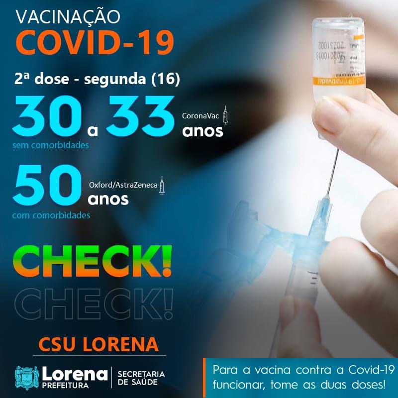 Confira os grupos que irão receber a 2ª dose da vacina em Lorena