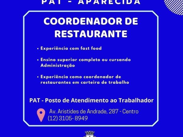 Vaga de emprego no PAT de Aparecida