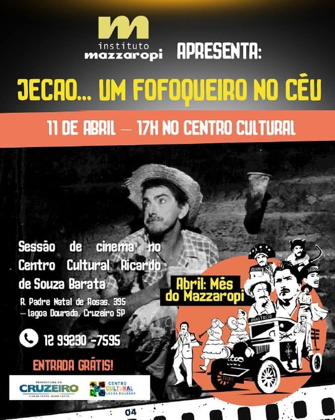 O Centro Cultural “Ricardo de Souza Barata”, em Cruzeiro, realiza nesta sexta-feira (11) uma sessão gratuita de cinema em celebração aos 113 anos de nascimento de Amácio Mazzaropi