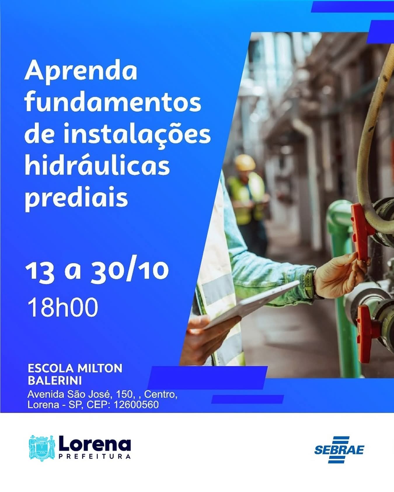 Sebrae abre vagas para curso gratuito sobre instalação de água fria e esgoto sanitário