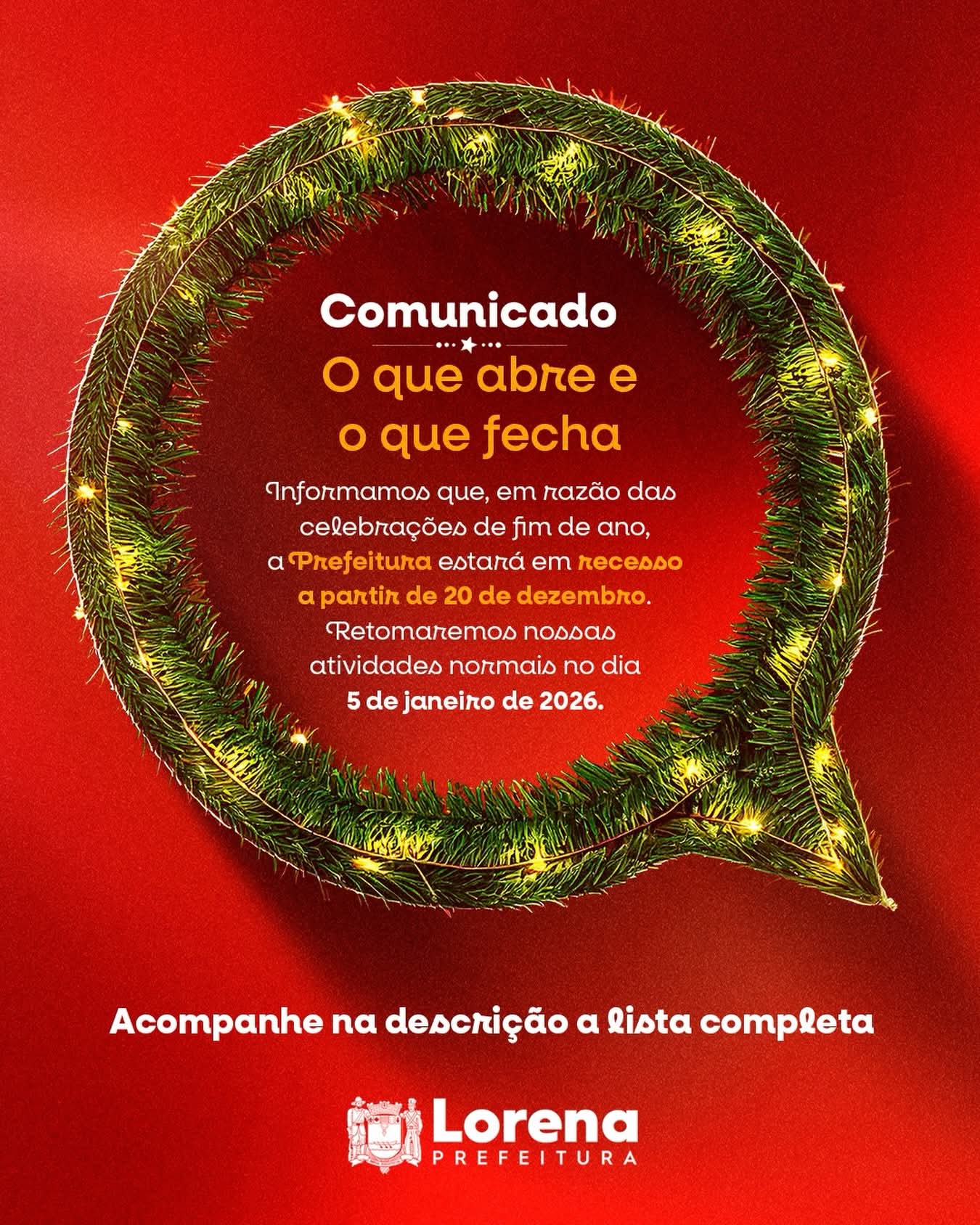 Confira o que abre e o que fecha no Recesso de Final de Ano em Lorena