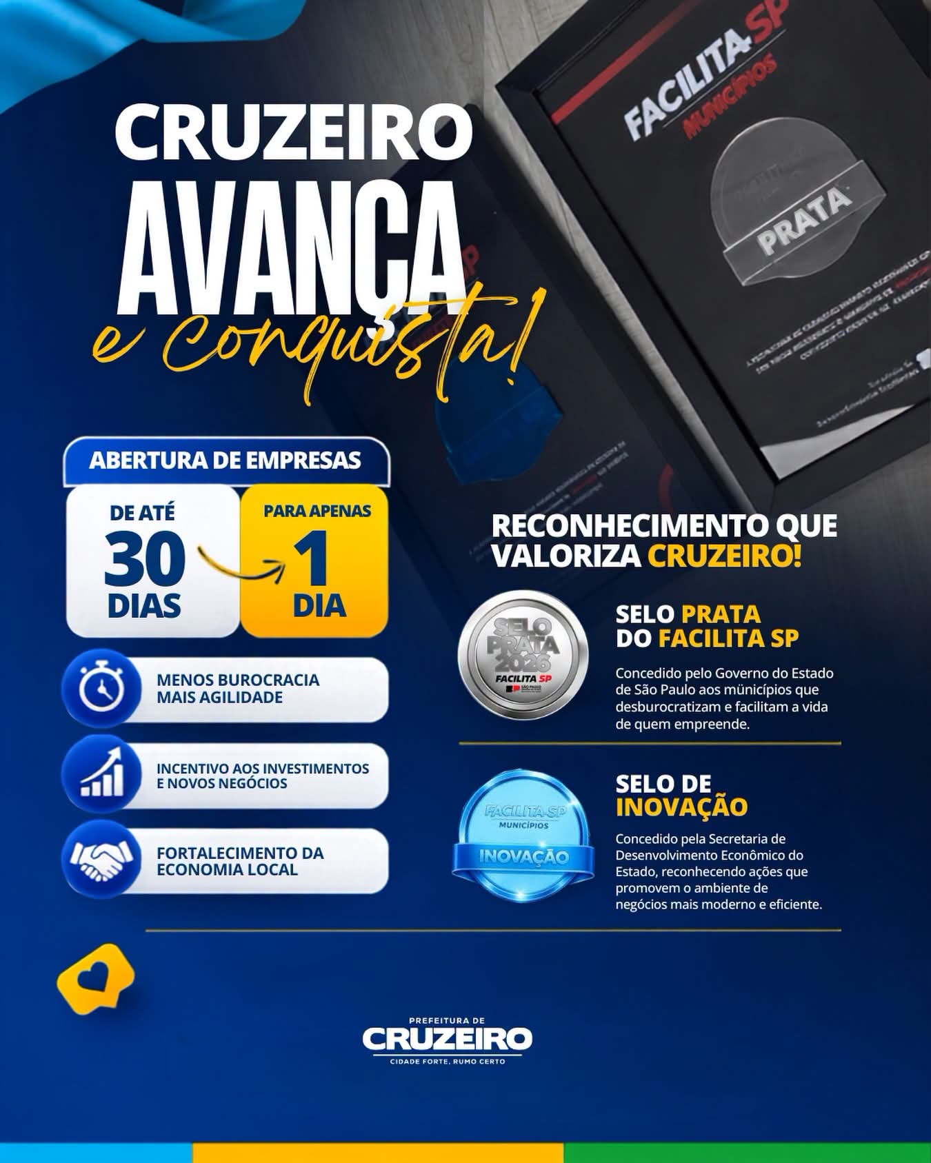 Cruzeiro recebe reconhecimento estadual pela modernização dos serviços e incentivo ao empreendedorismo